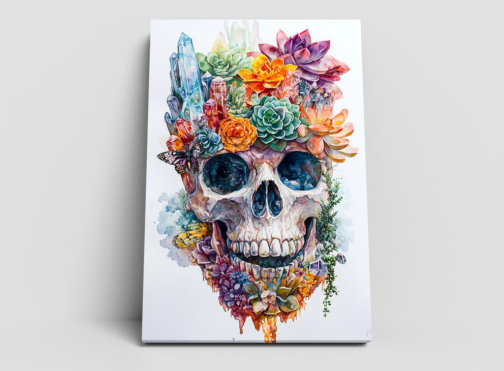 The image is a vibrant and colorful depiction of a skull adorned with various flowers and plants, creating a striking and visually captivating piece of art.