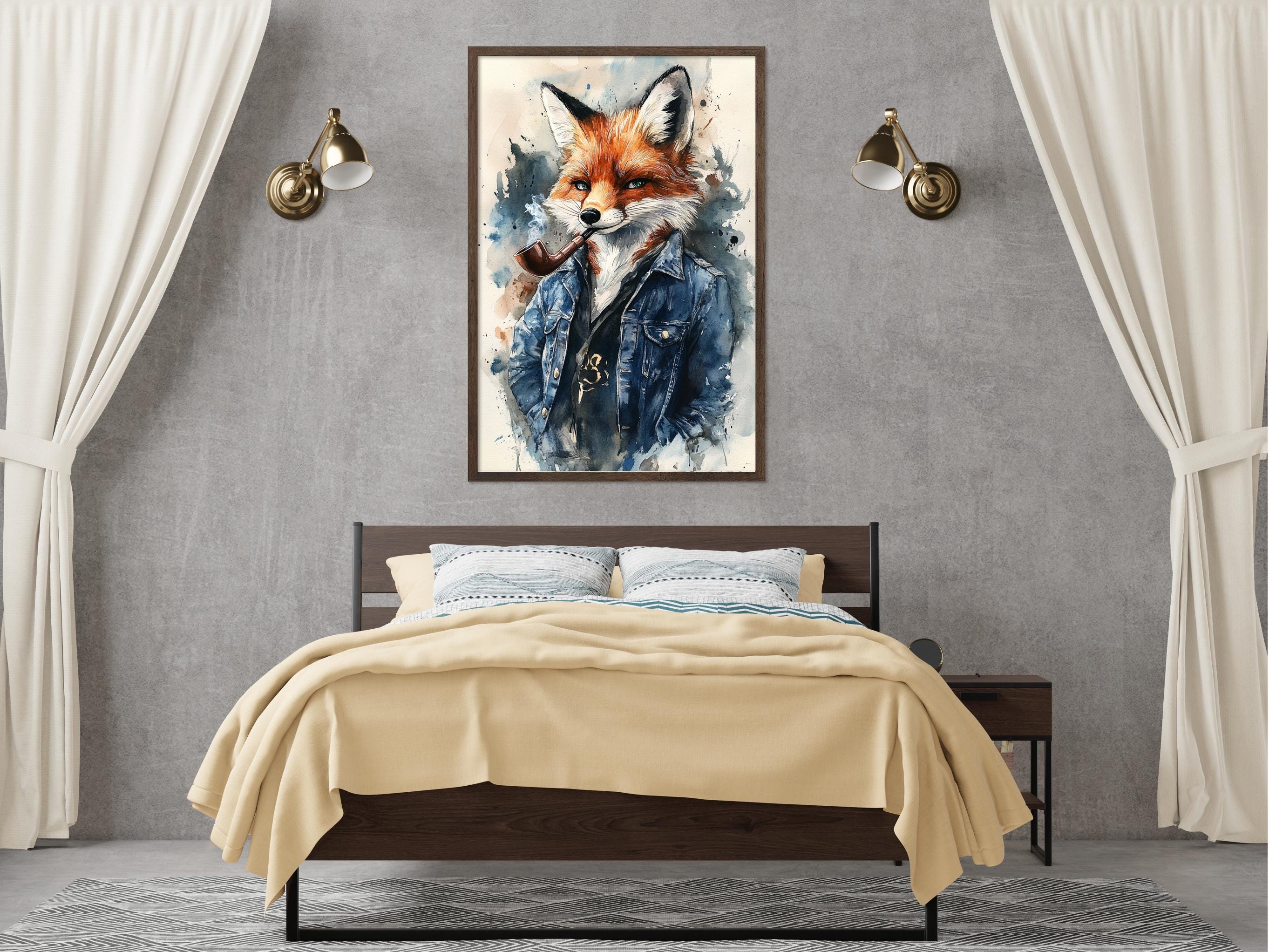 a bedroom with a large bed, a nightstand, and a framed painting of a fox wearing a blue jacket hanging on the wall above the bed.