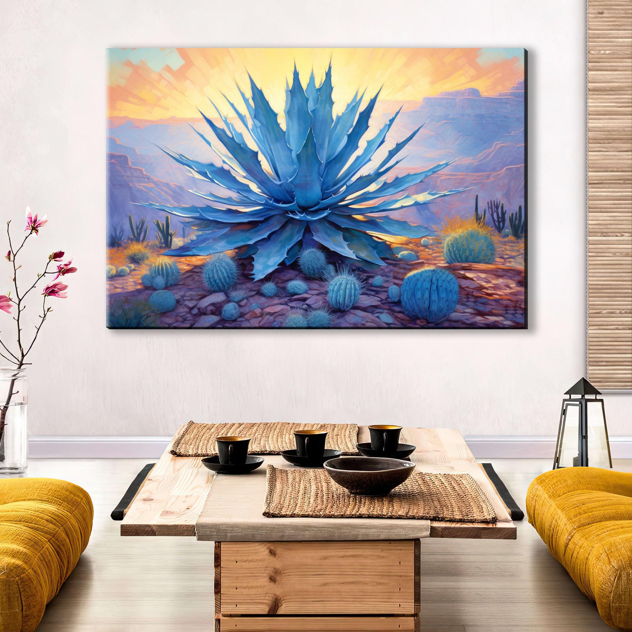 Desert Canvas Art – Southwest Agave Art with Blue Agave Painting & Barrel Cactus Print