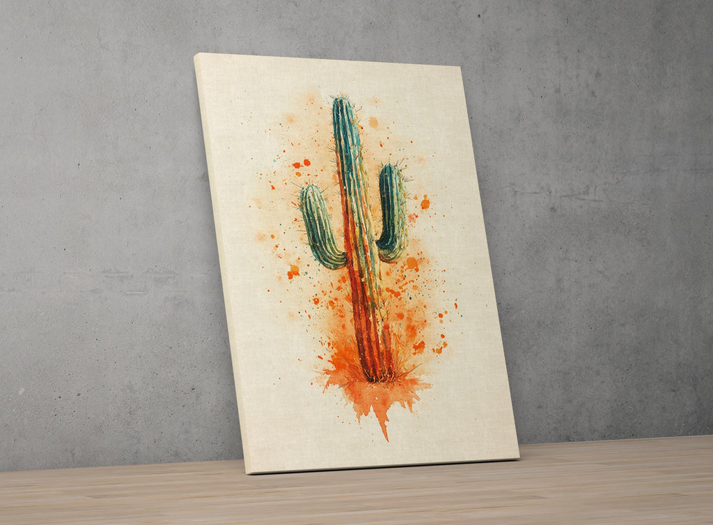 a vibrant painting of a cactus with a splash of orange and red paint on the canvas.