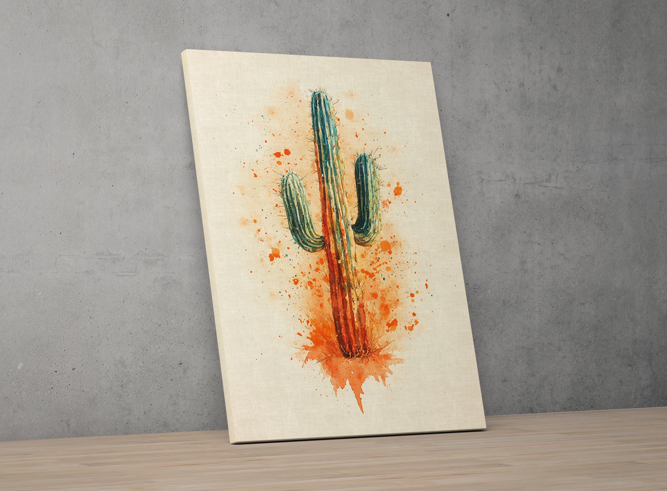a vibrant painting of a cactus with a splash of orange and red paint on the canvas.