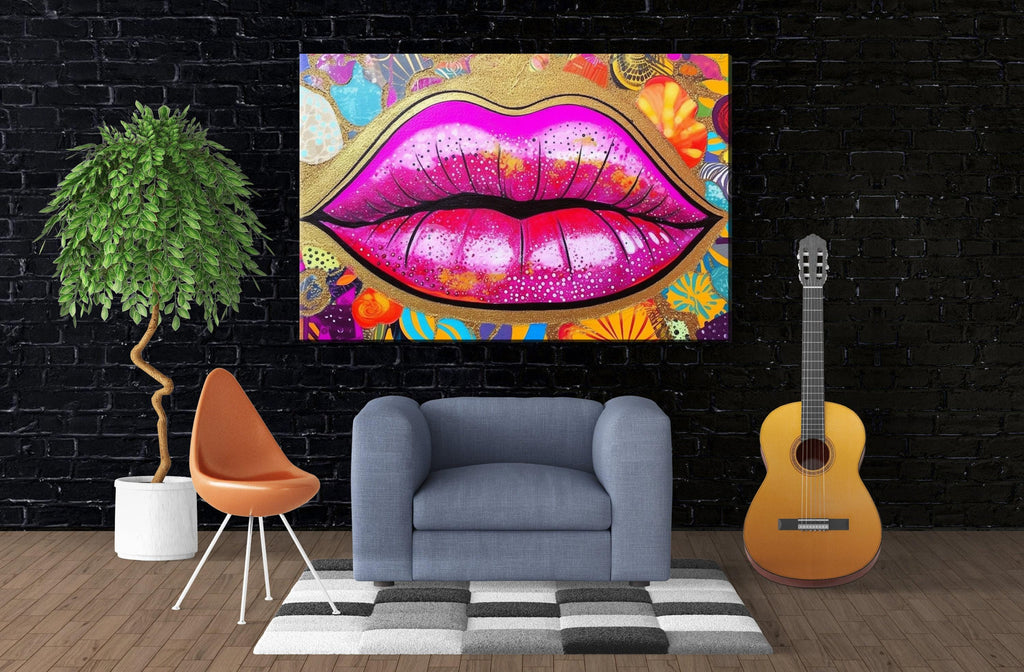 Gold Glitter Lips Canvas Wall Art – Large Feminine Pop Art Decor, Gallery Ready Print