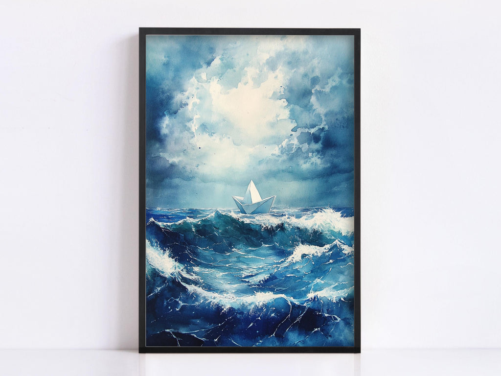 A framed painting depicting a small white boat sailing on a stormy sea, with large waves crashing around it.