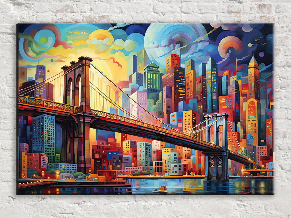 A vibrant and colorful painting depicting a cityscape with a large bridge spanning across a river, surrounded by a multitude of buildings and skyscrapers.