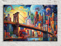 A vibrant and colorful painting depicting a cityscape with a large bridge spanning across a river, surrounded by a multitude of buildings and skyscrapers.