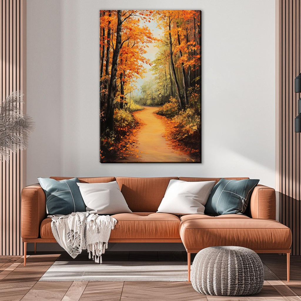 a cozy living room with a large painting of a forest path on the wall above a brown leather sofa. The painting depicts a winding path surrounded by trees with orange leaves, creating a warm and inviting atmosphere.