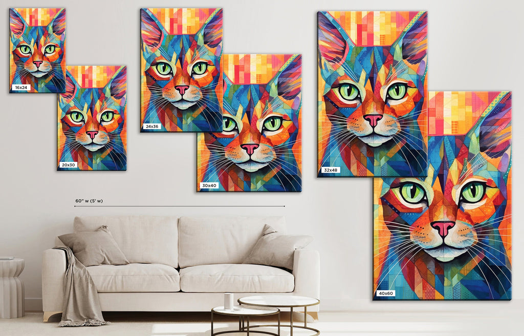 Cat Canvas Wall Art - Large Colorful Cat Portrait with Abstract Pop Art Painting