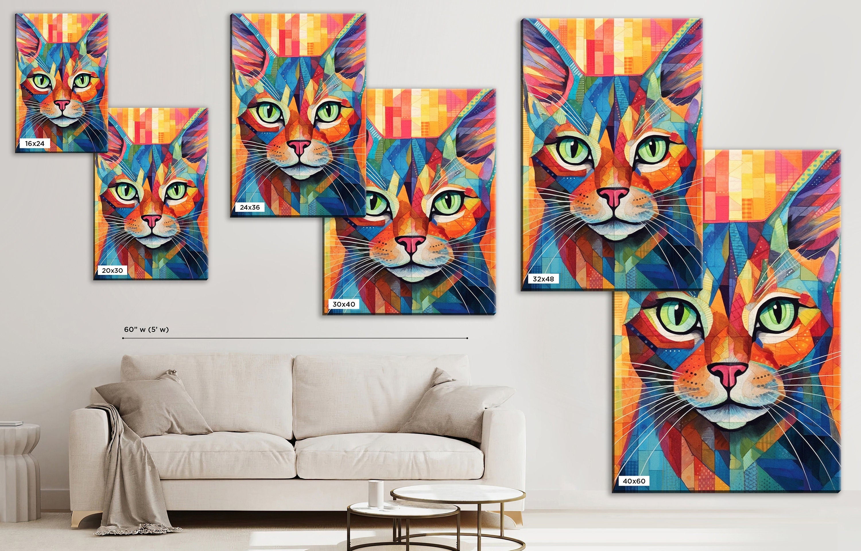 Cat Canvas Wall Art - Large Colorful Cat Portrait with Abstract Pop Art Painting