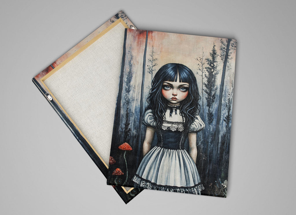 a painting of a girl in a dress next to a picture of a forest