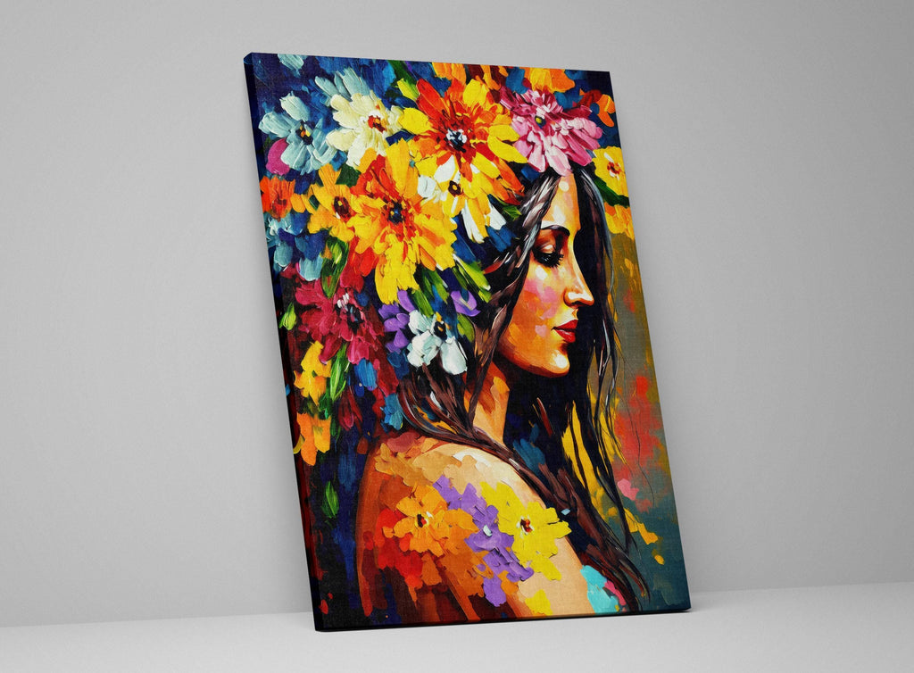 Floral Portrait Canvas - Woman Flower Hair Large Canvas Print | Feminine Home Decor