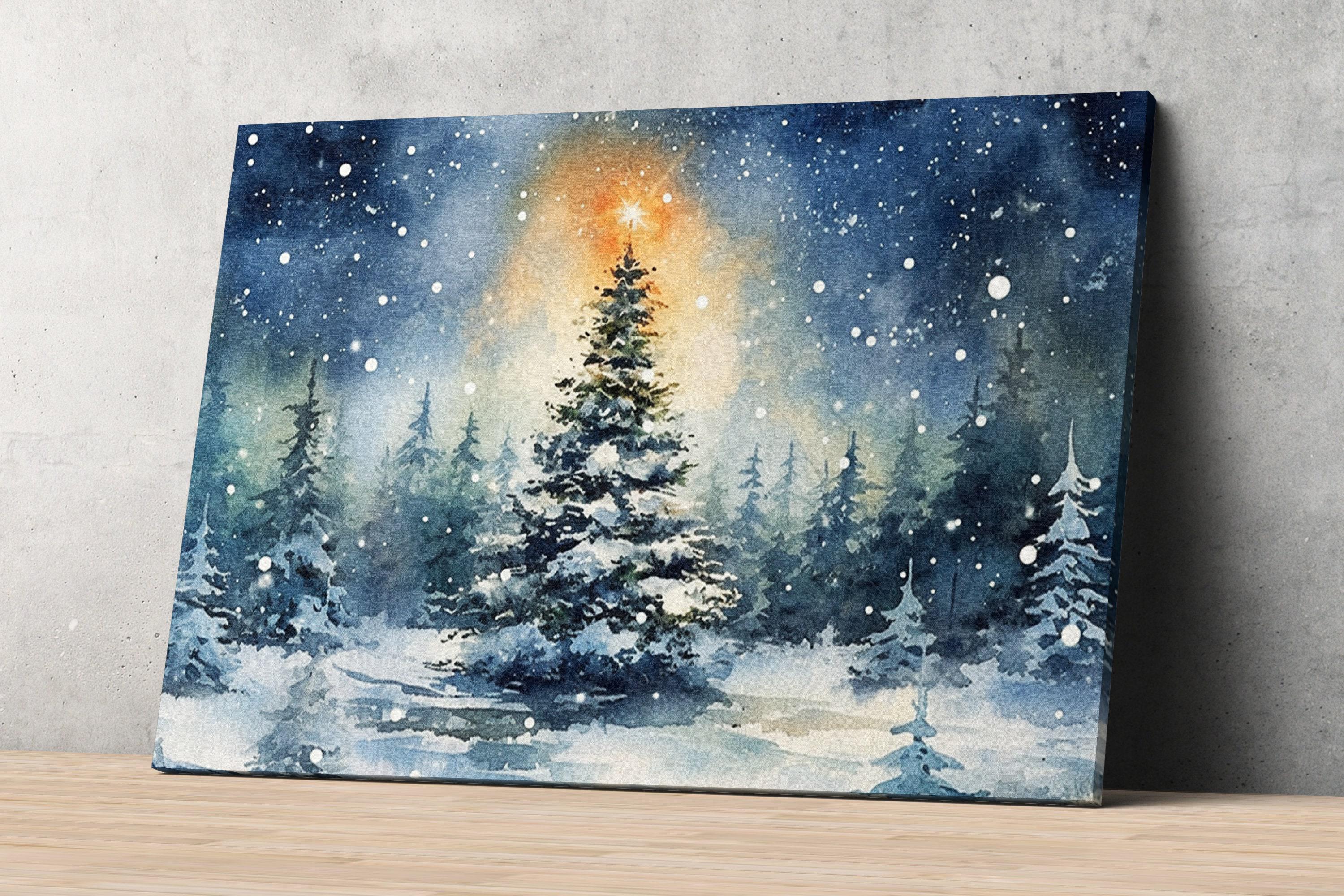 Beautiful Christmas Tree Winter Scene - Watercolor Painting, Print on Canvas, Artist Paper, Watercolor Paper, Available in Extra Large Sizes