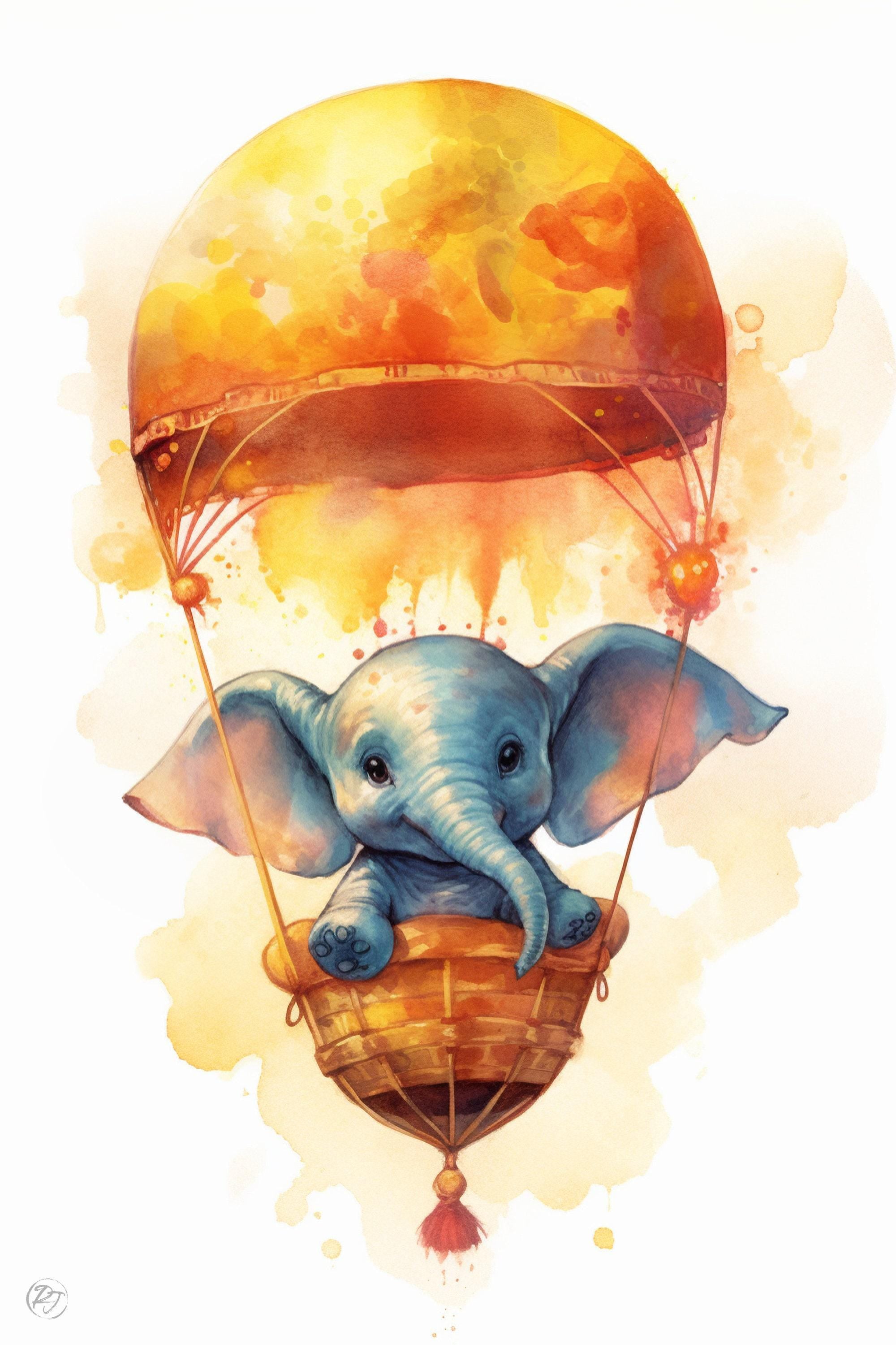Baby Elephant Hot Air Balloon Watercolor Nursery Decor, Print on Canvas, Artist Paper, Watercolor Paper, Available in Extra Large Sizes