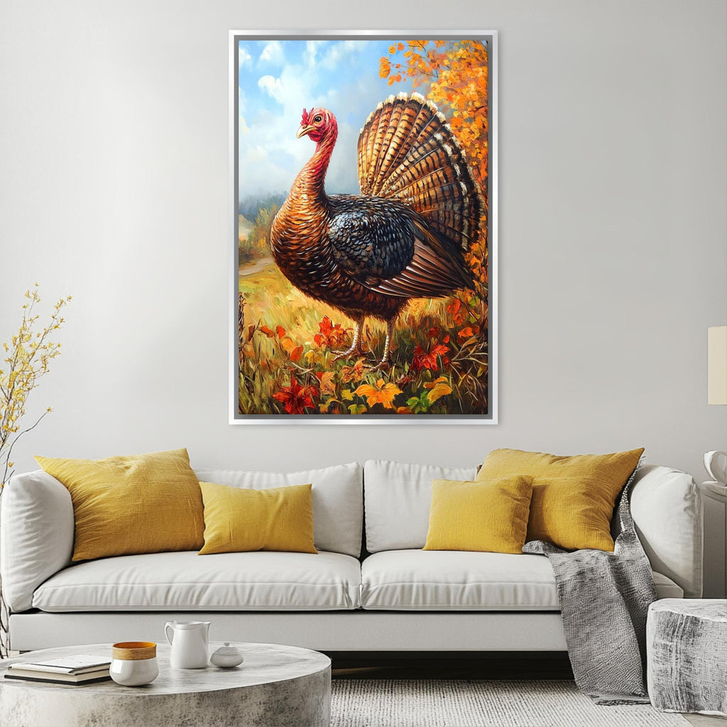 a large painting of a turkey with a vibrant, colorful background depicting a field with autumn foliage.