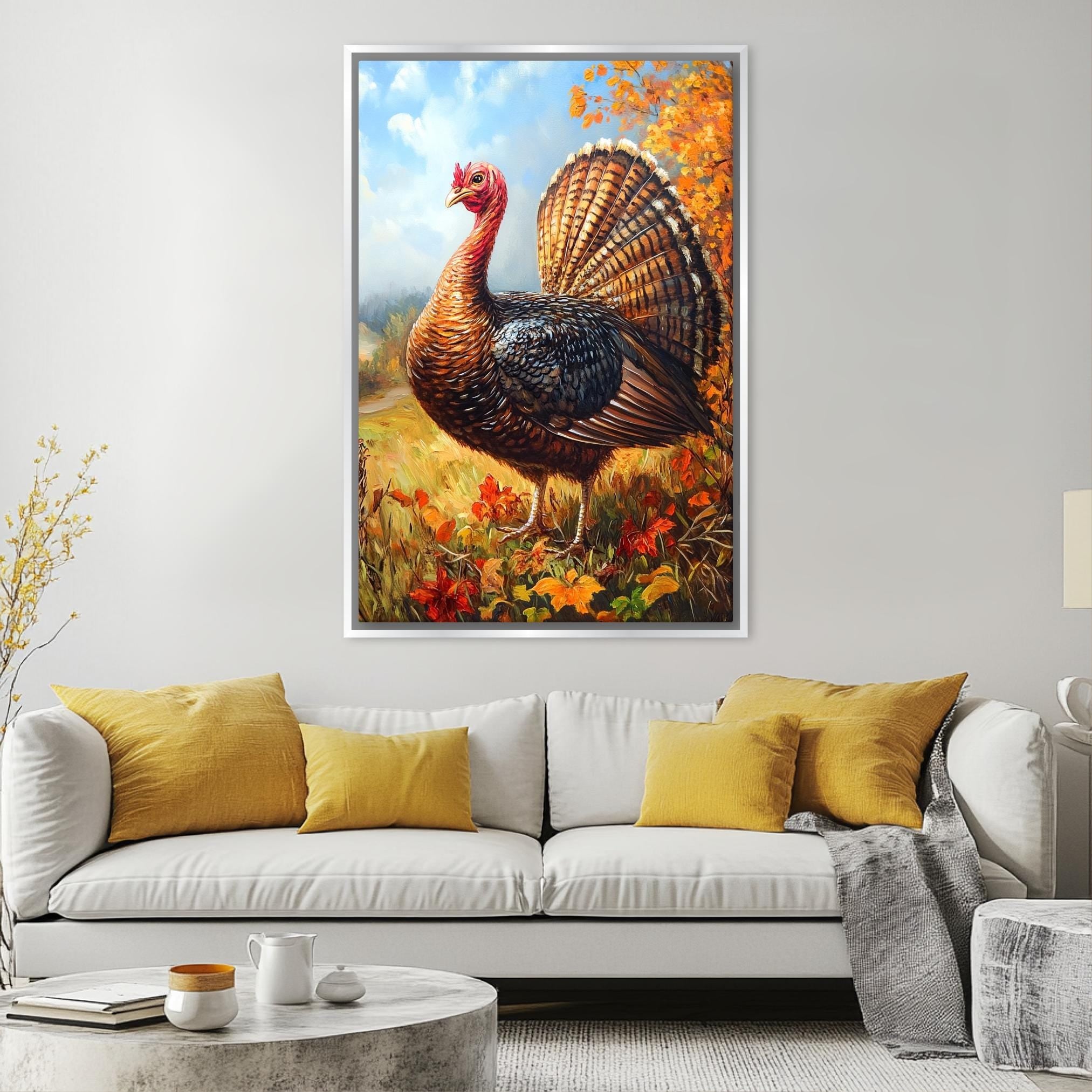 a large painting of a turkey with a vibrant, colorful background depicting a field with autumn foliage.