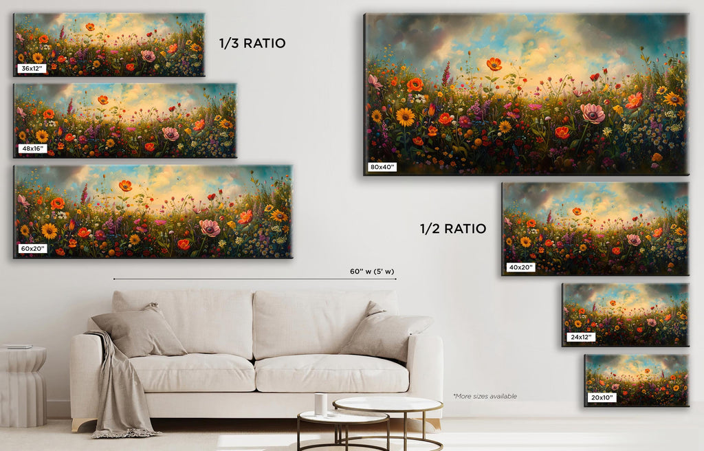 a living room with a white couch and a painting on the wall