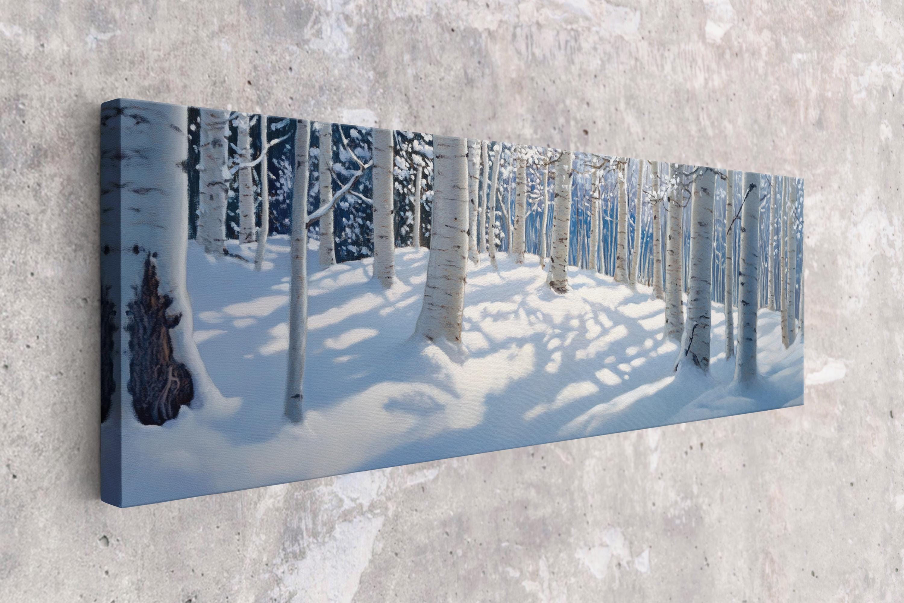 a painting of a snowy forest with trees