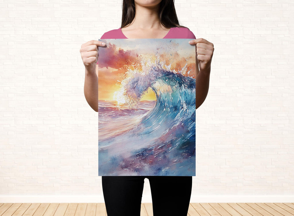 A woman holds up a vibrant watercolor painting depicting a large, crashing wave against a colorful sunset sky.