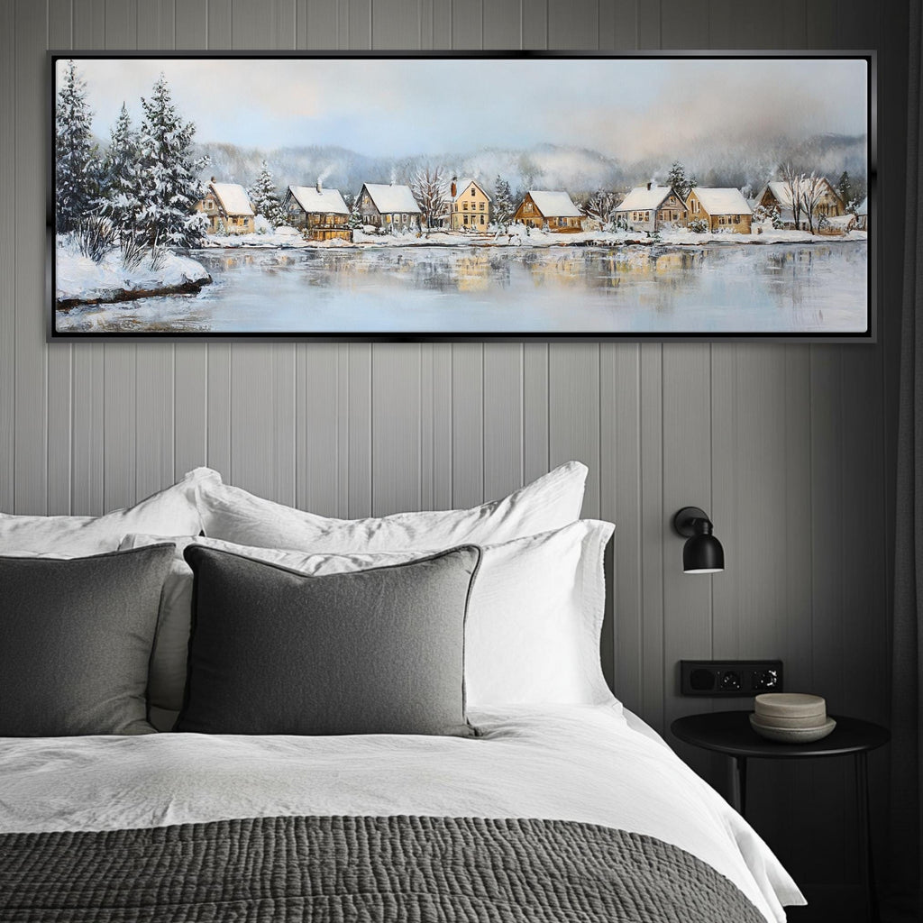 a bedroom with a large painting on the wall above the bed