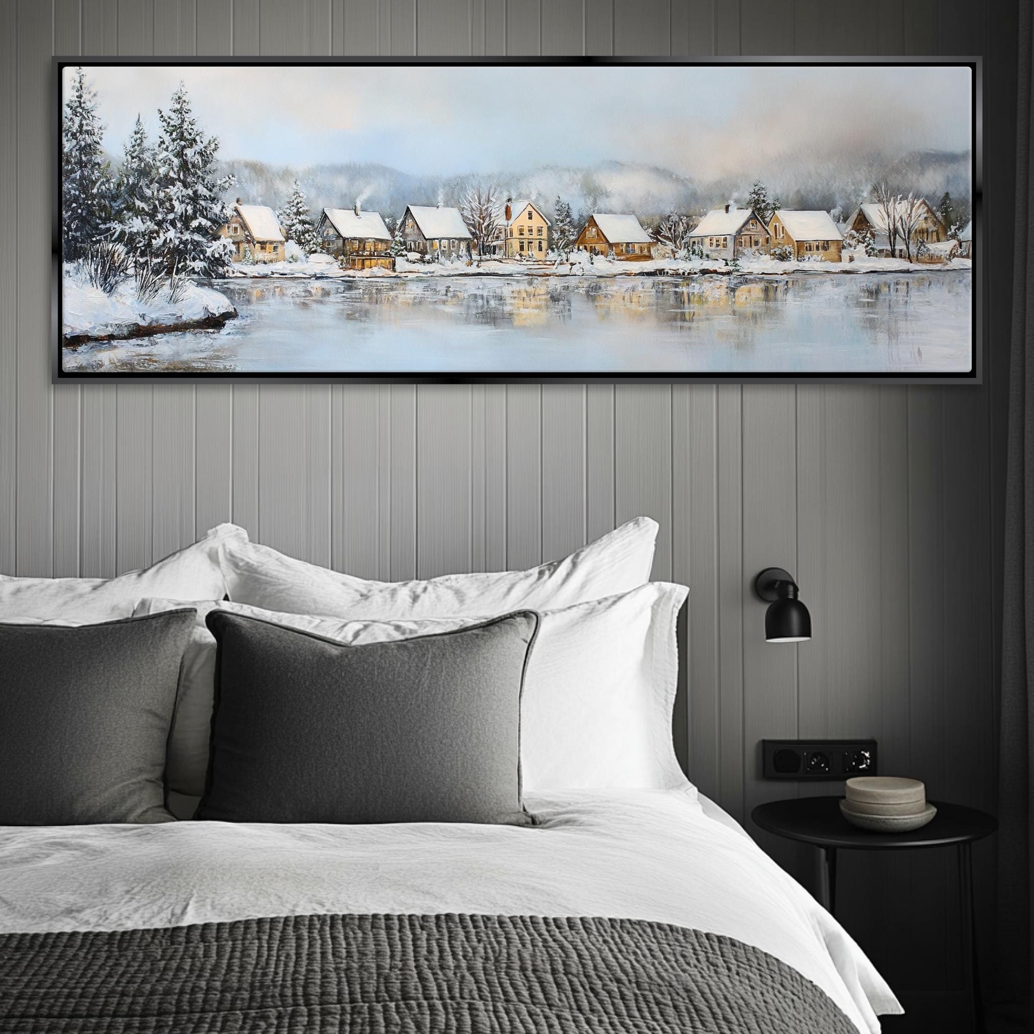 a bedroom with a large painting on the wall above the bed