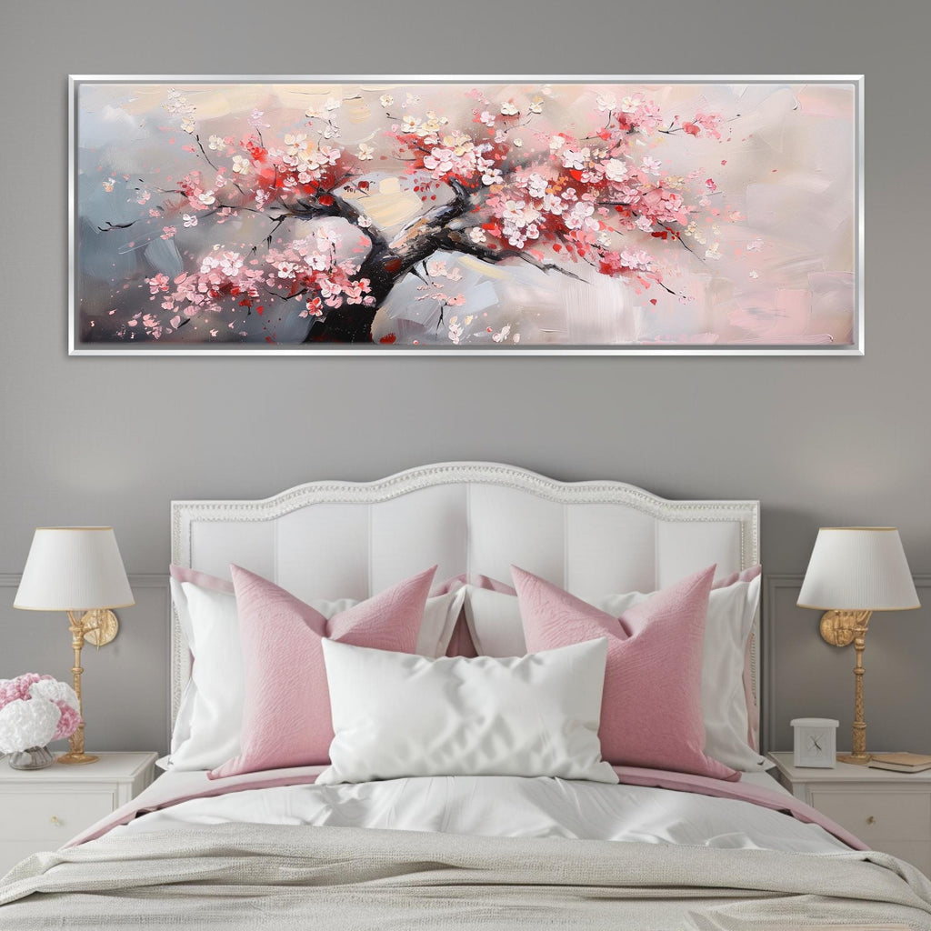 a bed with a white headboard and pink pillows