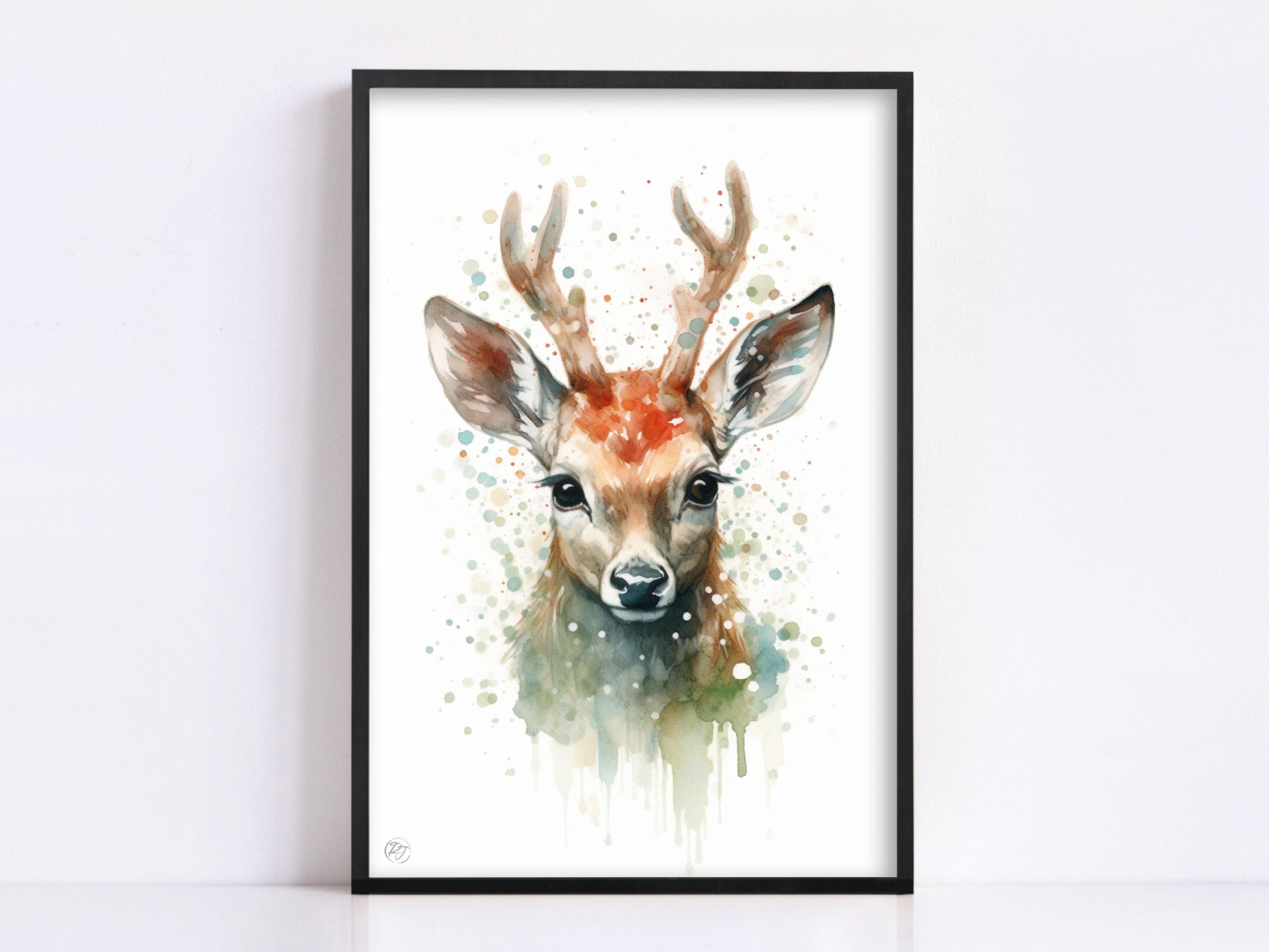 Adorable Baby Reindeer Watercolor - Charming Holiday Decor, Print on Canvas, Artist Paper, Watercolor Paper, Available in Extra Large Sizes