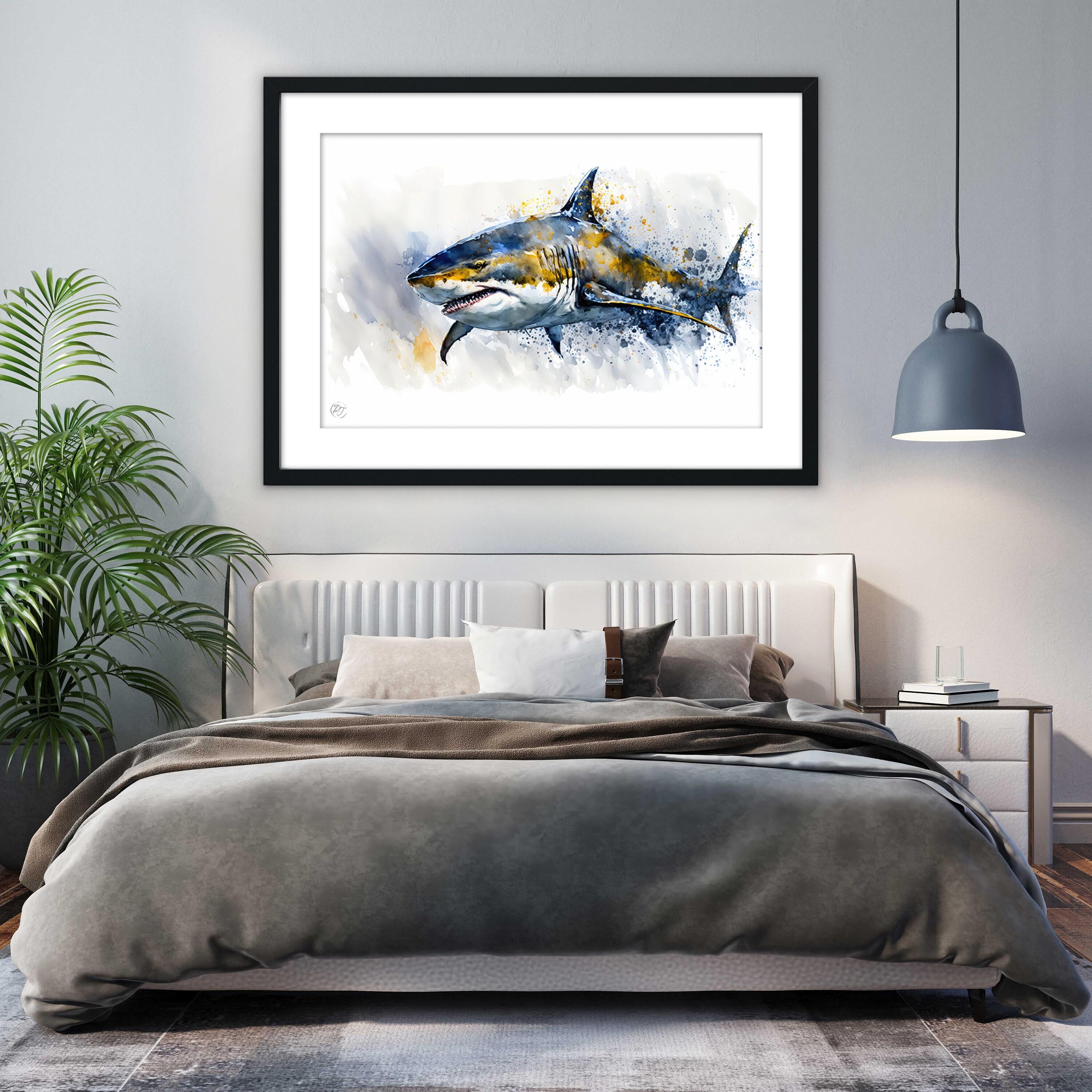 Shark Watercolor Art Print: Bright Ocean Wildlife Scene, Museum Rag Paper or Canvas (Framed or Unframed, Multiple Sizes)