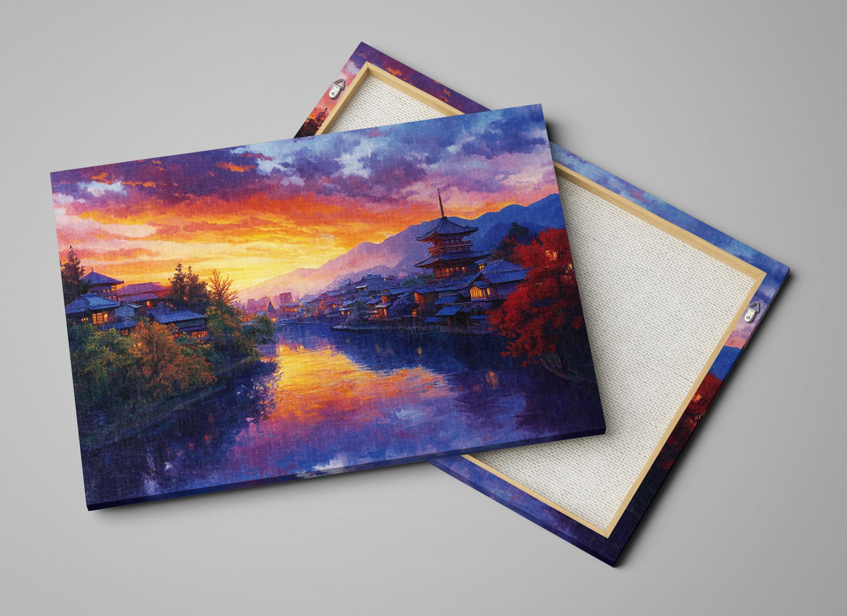 a painting of a beautiful sunset over a lake