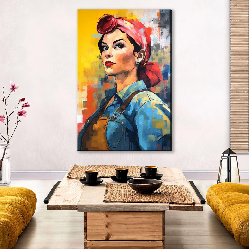 a large, colorful painting of a woman with a red headband, displayed on a wall above a wooden coffee table.