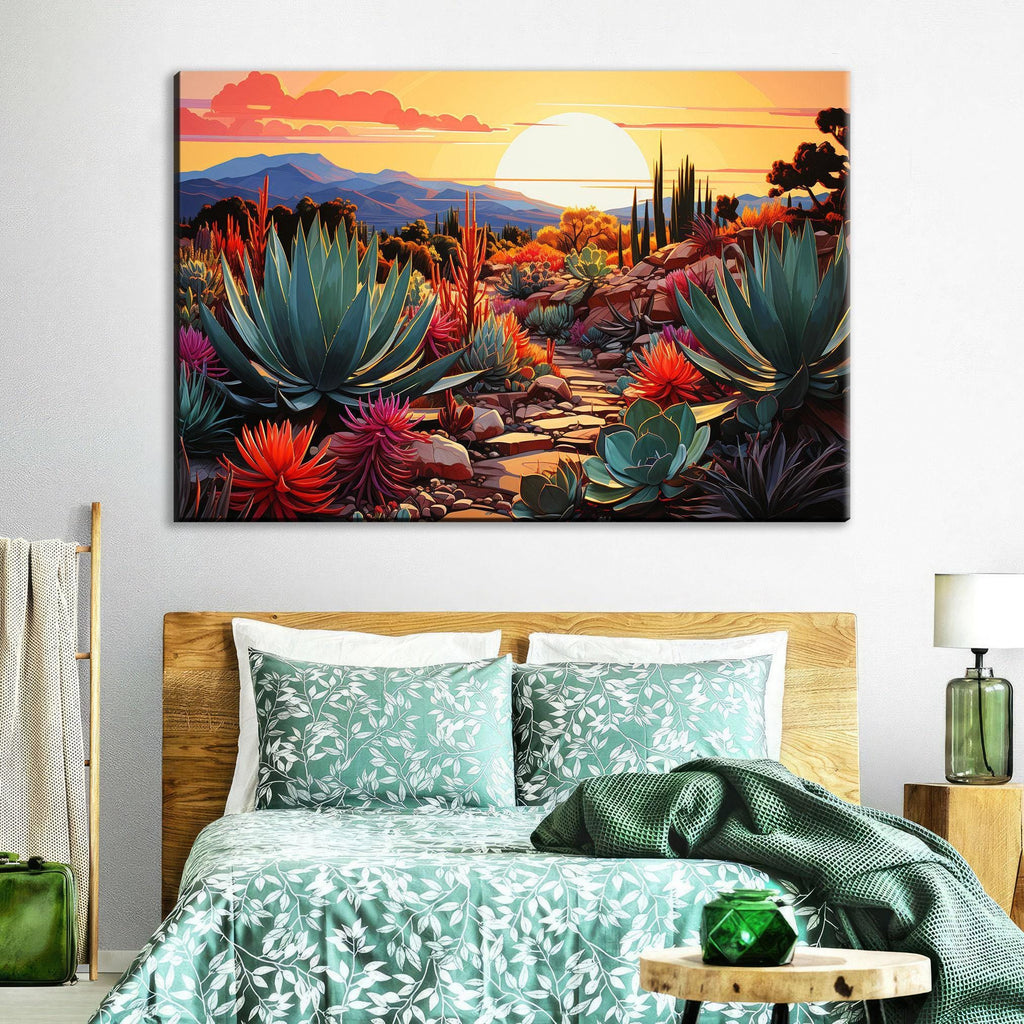 a serene desert landscape at sunset, with a variety of colorful cacti and succulents dotting the terrain. The sky is awash with warm hues of orange and pink, creating a breathtaking backdrop for the scene. The overall composition is visually striking and evokes a sense of tranquility and natural beauty.