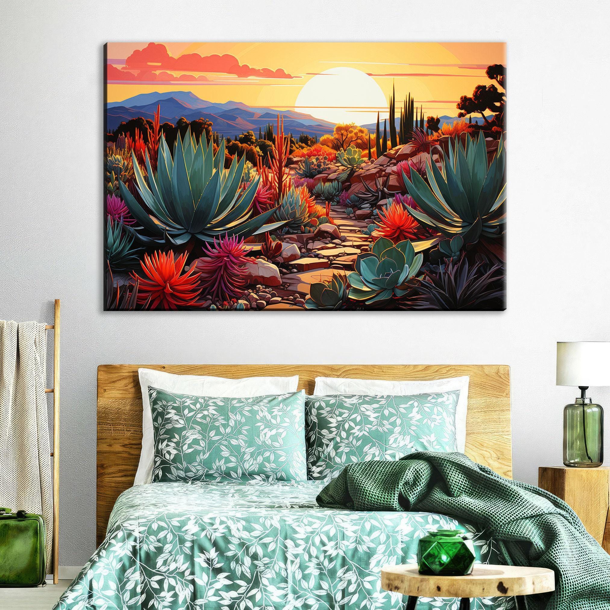 a serene desert landscape at sunset, with a variety of colorful cacti and succulents dotting the terrain. The sky is awash with warm hues of orange and pink, creating a breathtaking backdrop for the scene. The overall composition is visually striking and evokes a sense of tranquility and natural beauty.