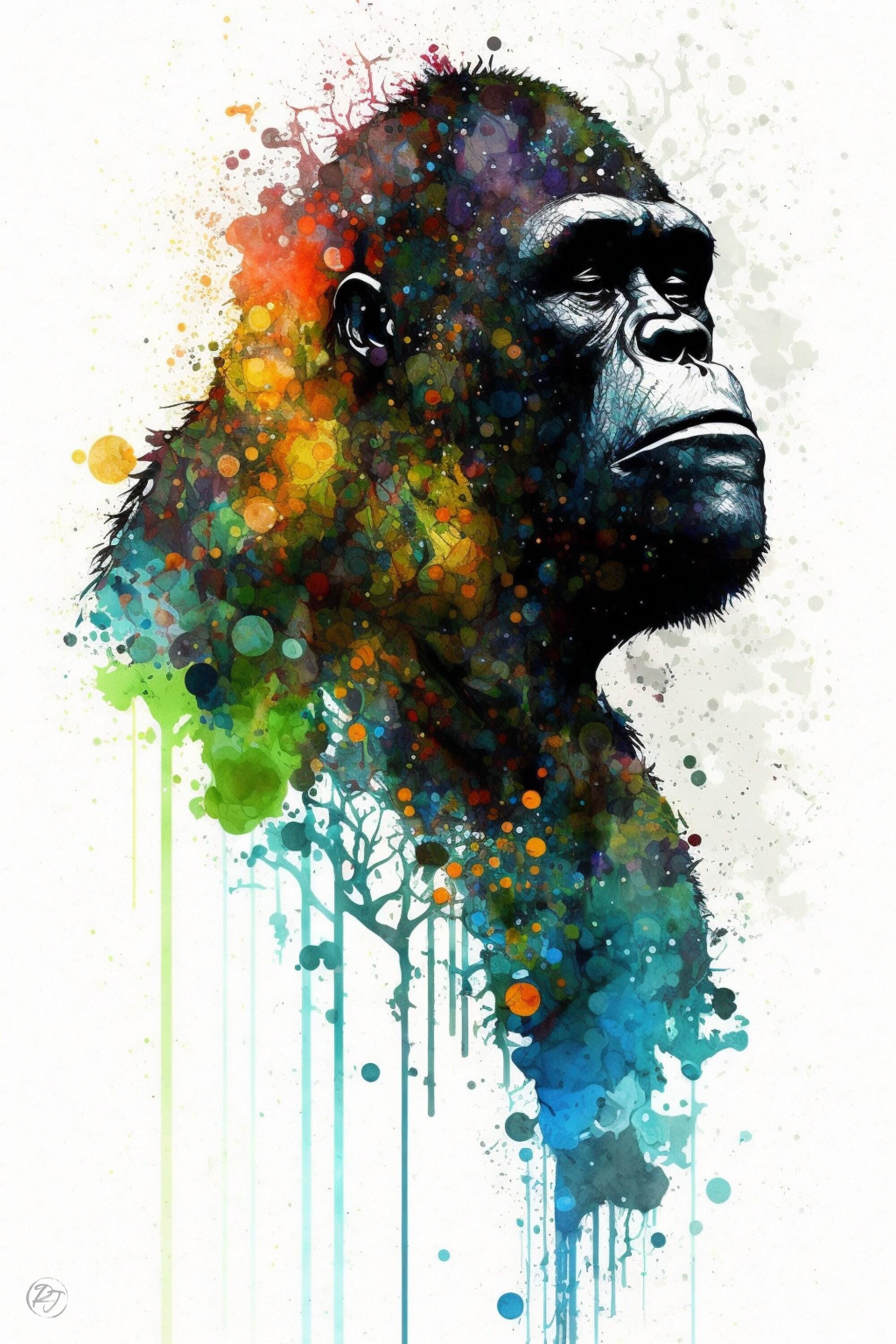 Wildlife Elegance: Gorilla Watercolor Painting, Giclee Print on Canvas, Artist Paper, Watercolor Paper, Available in Extra Large Sizes