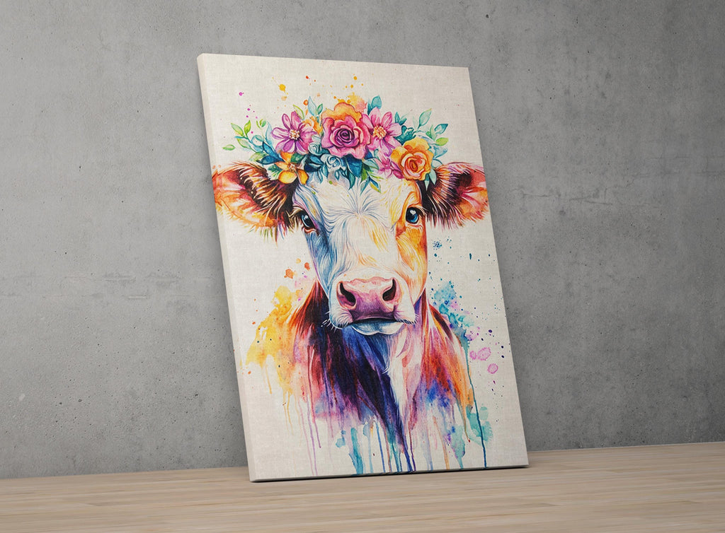 A colorful painting of a cow with a flower crown on its head, set against a gray wall.