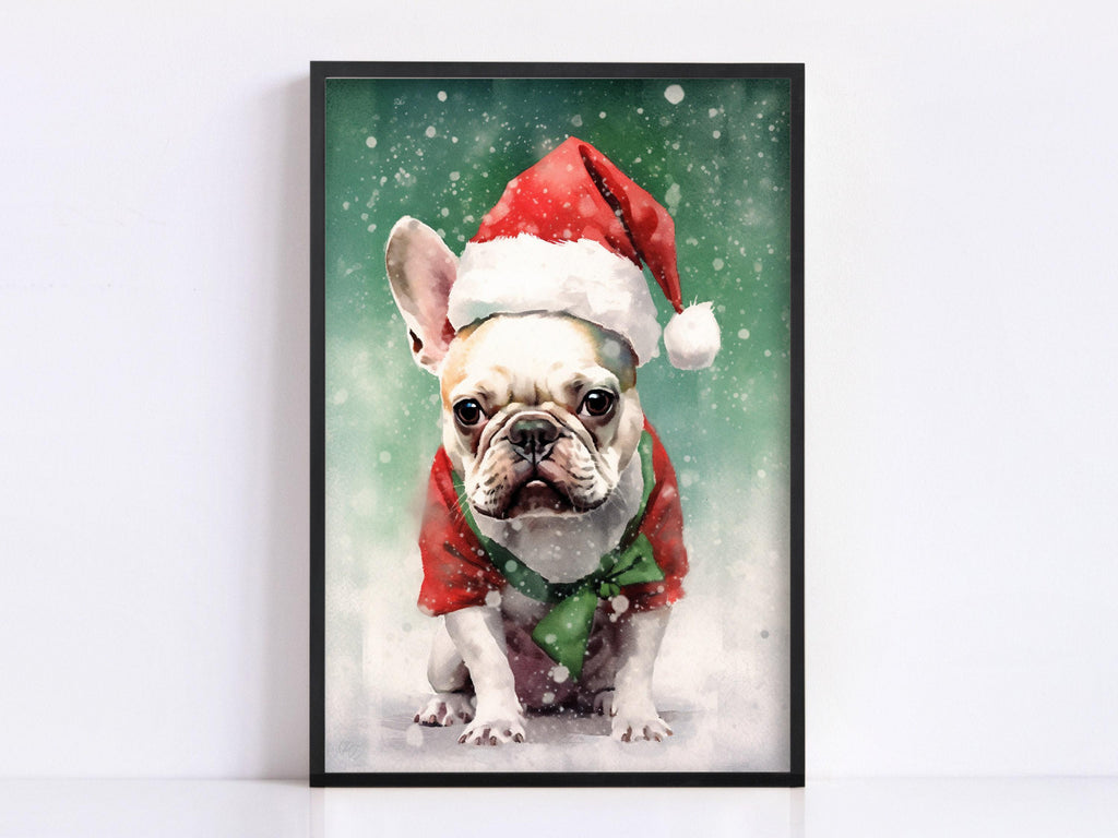 Festive French Bulldog in Santa Hat Watercolor Art, Giclee Print on Canvas, Artist Paper, Watercolor Paper, Available in Extra Large Sizes