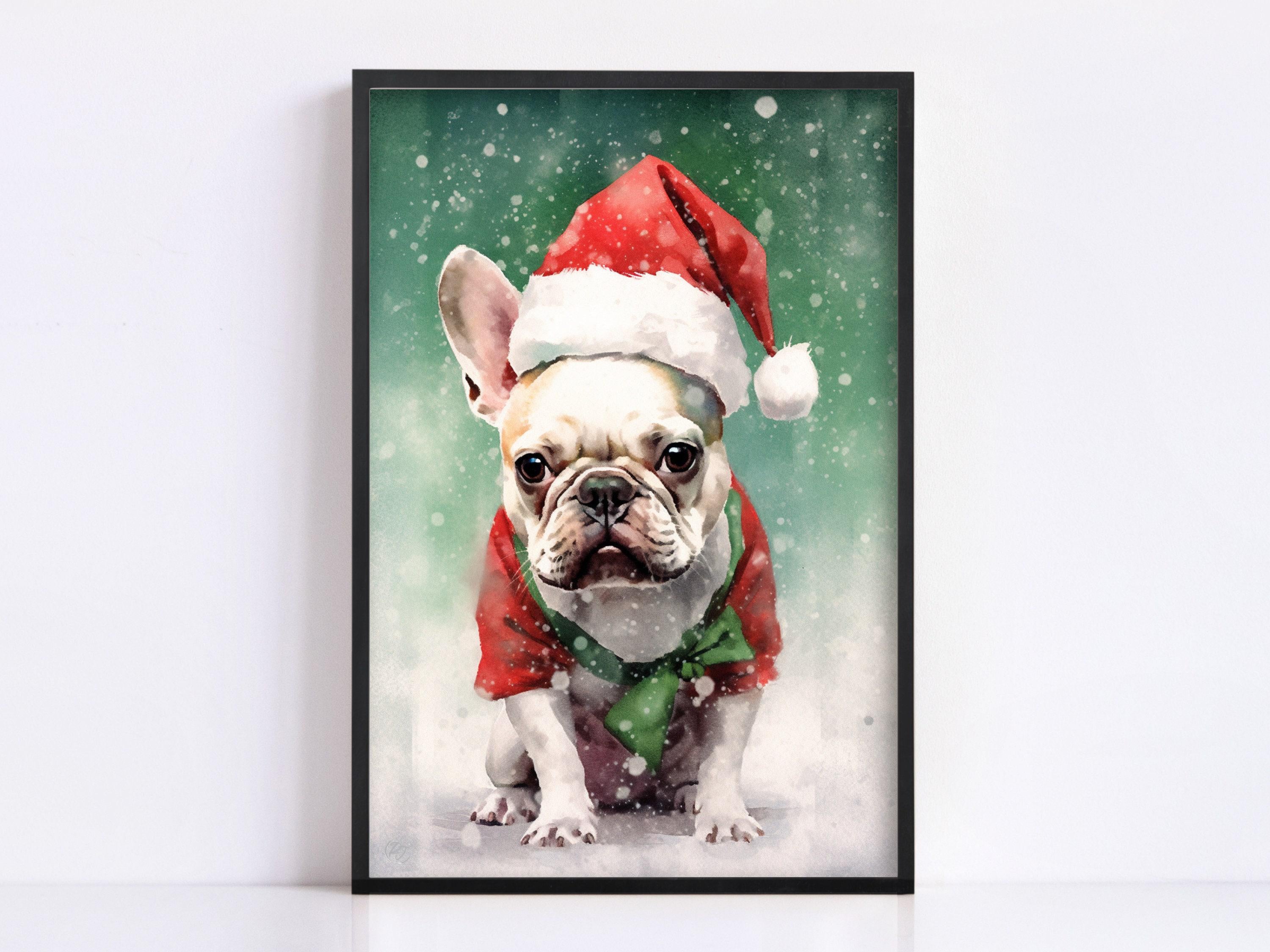 Festive French Bulldog in Santa Hat Watercolor Art, Giclee Print on Canvas, Artist Paper, Watercolor Paper, Available in Extra Large Sizes