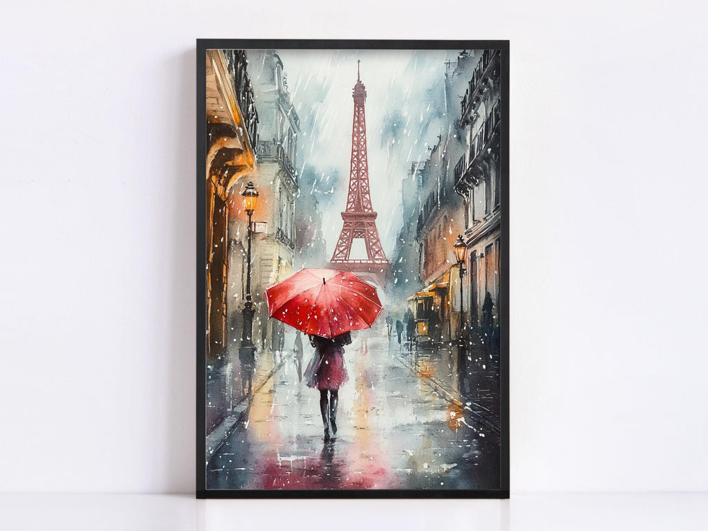 A woman walks down a rainy street holding a red umbrella, with the Eiffel Tower visible in the background.