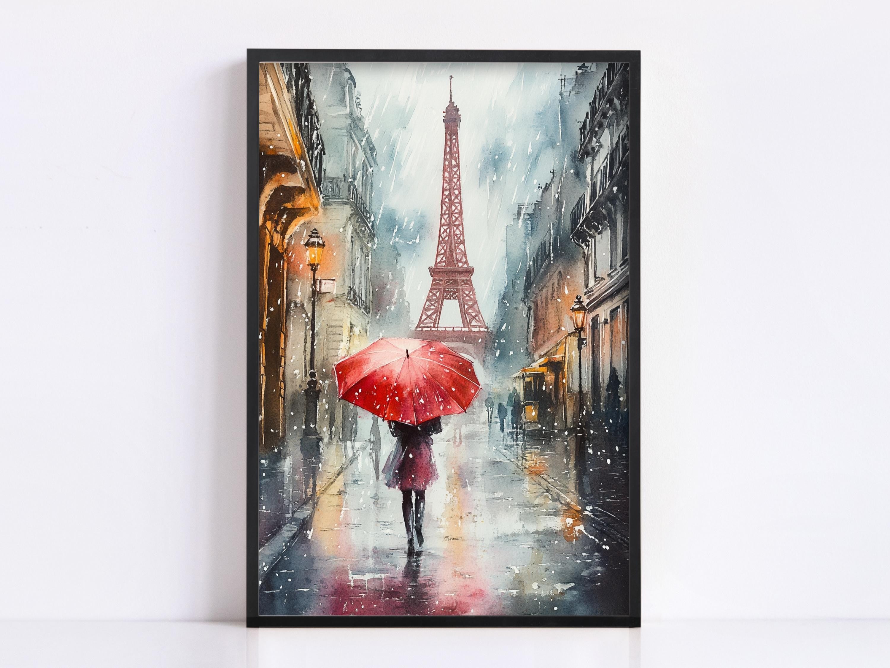 A woman walks down a rainy street holding a red umbrella, with the Eiffel Tower visible in the background.
