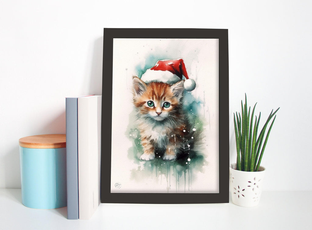 Festive Kitten in Santa Hat Watercolor Art Print, Giclee Print on Canvas, Artist Paper, Watercolor Paper, Available in Extra Large Sizes