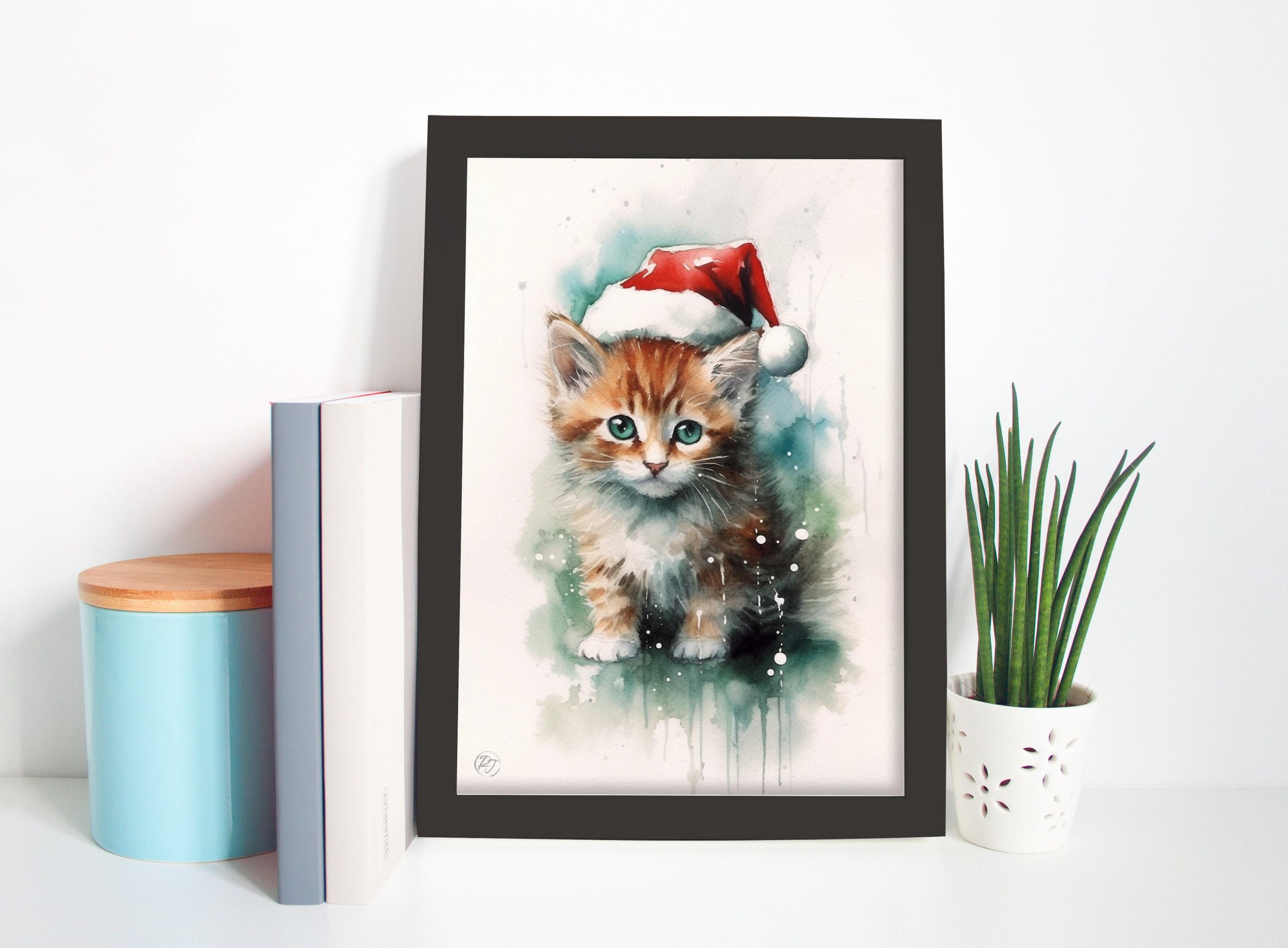 Festive Kitten in Santa Hat Watercolor Art Print, Giclee Print on Canvas, Artist Paper, Watercolor Paper, Available in Extra Large Sizes