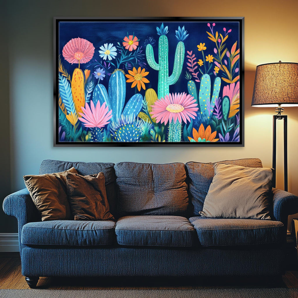 Boho Cacti Canvas Print | Bright Colorful Wall Decor - Framed Mexican Folk Art, Ready to Hang