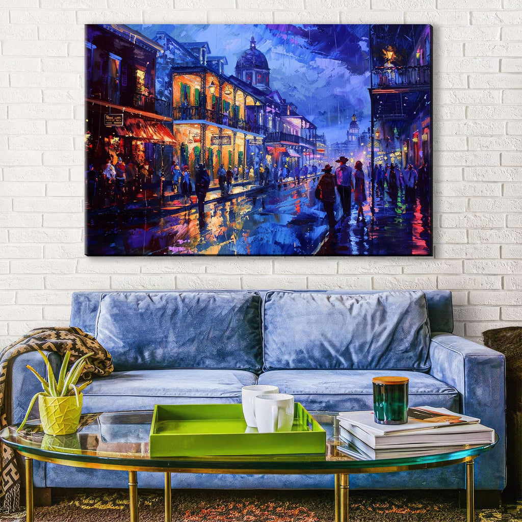 a vibrant and lively street scene in New Orleans, Louisiana, with colorful buildings, people walking, and a rainy atmosphere.