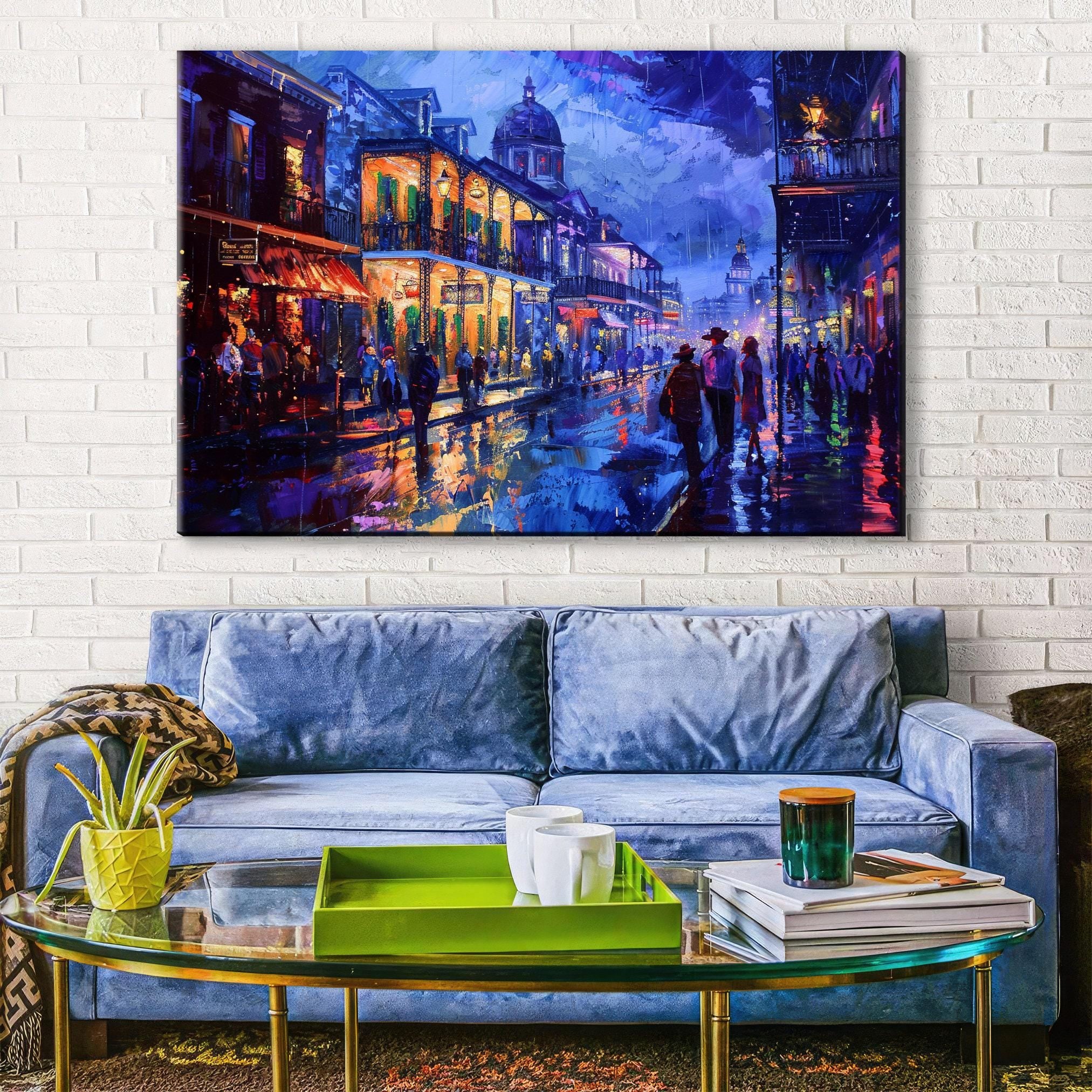 a vibrant and lively street scene in New Orleans, Louisiana, with colorful buildings, people walking, and a rainy atmosphere.