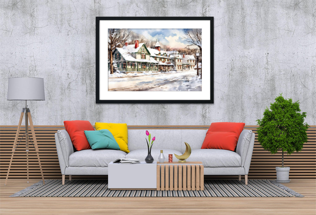 Traditional Christmas Scene Watercolor Art - Snowy Winter, Print on Canvas, Artist Paper, Watercolor Paper, Available in Extra Large Sizes