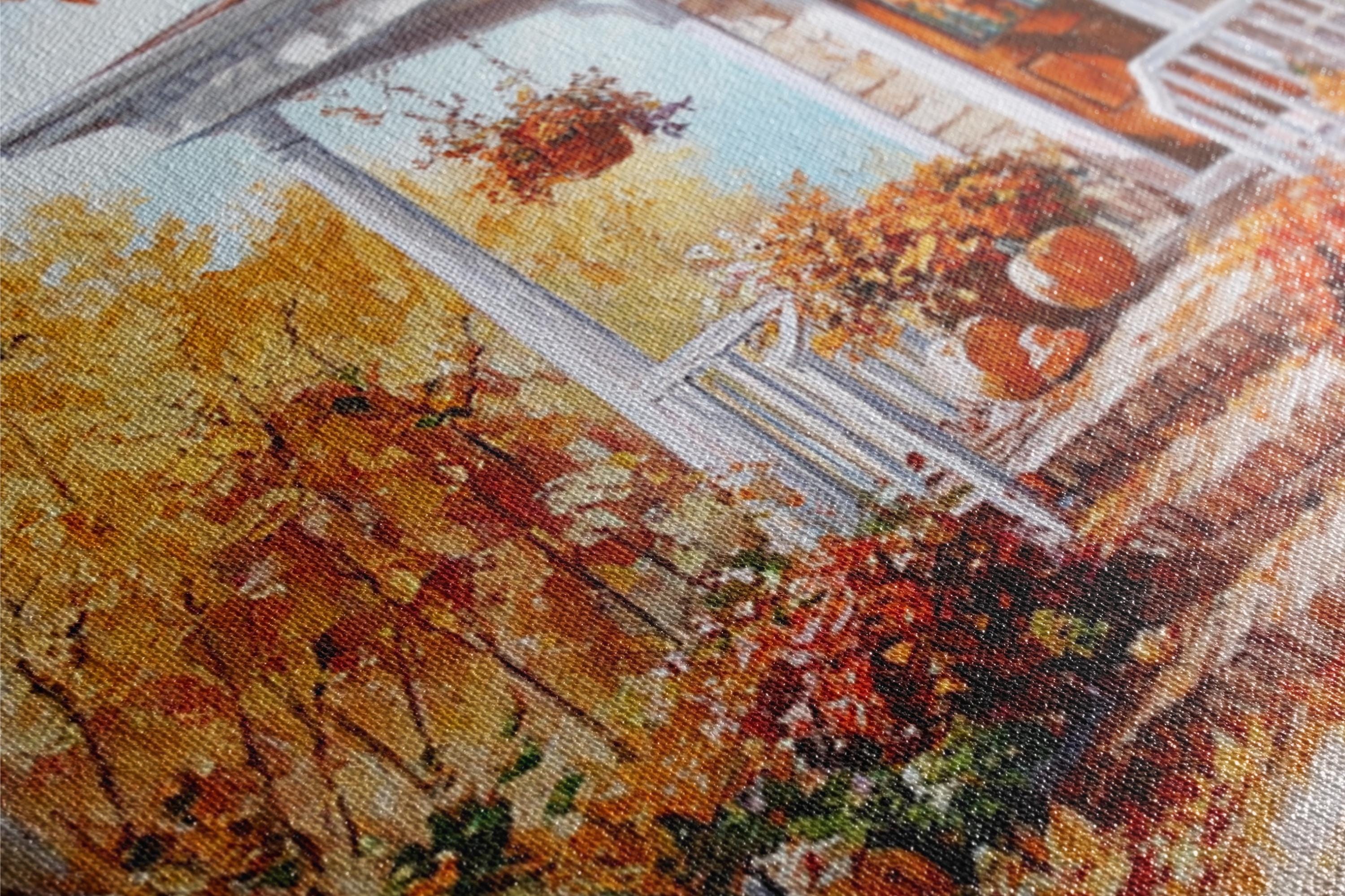 The image is a close-up of a painting depicting a colorful autumn scene with flowers and foliage.