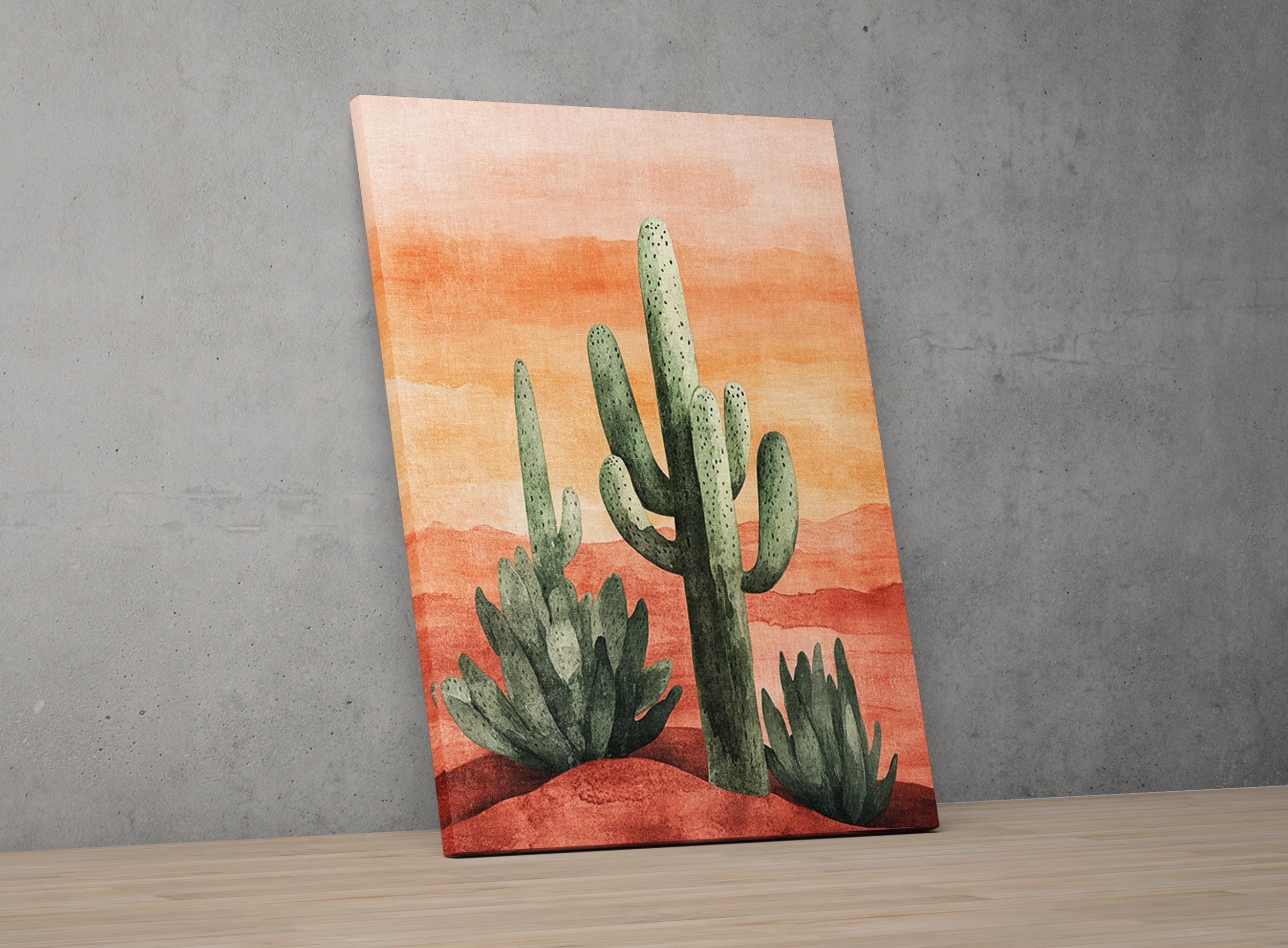 a painting of a desert scene with cacti and a sunset in the background.