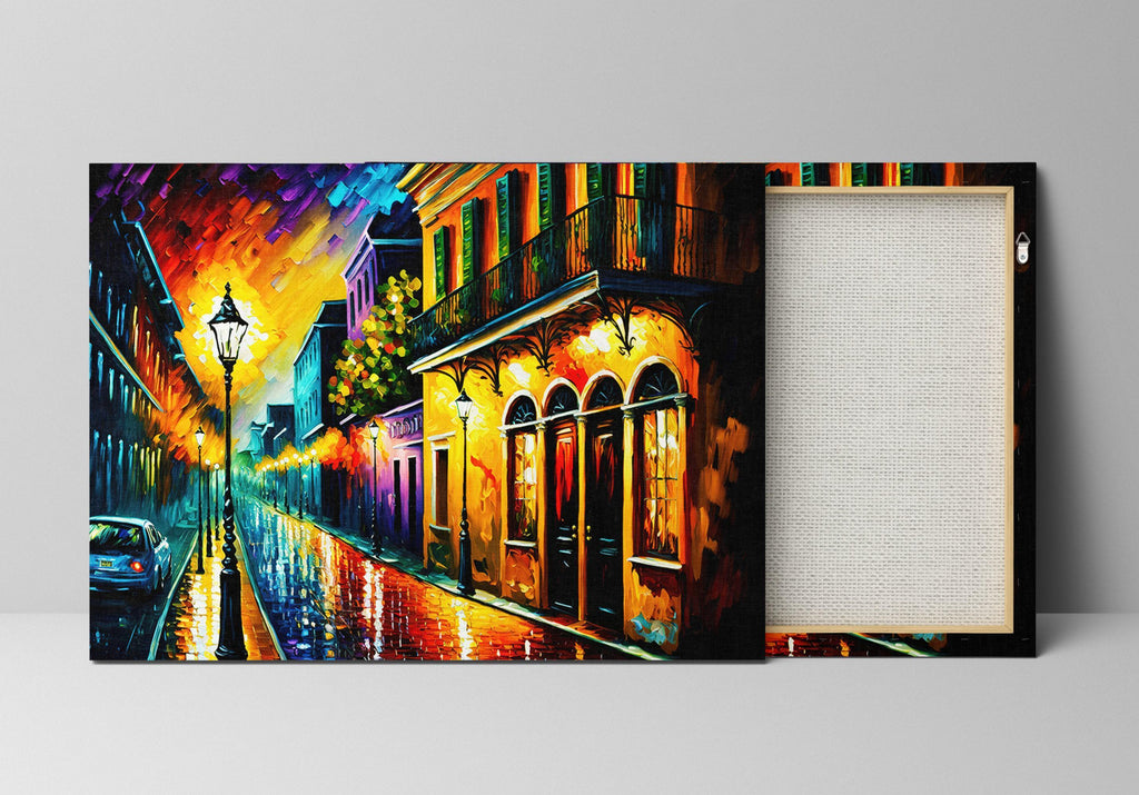 The image is a vibrant painting depicting a lively street scene with colorful buildings, a street lamp, and a car driving down the road.