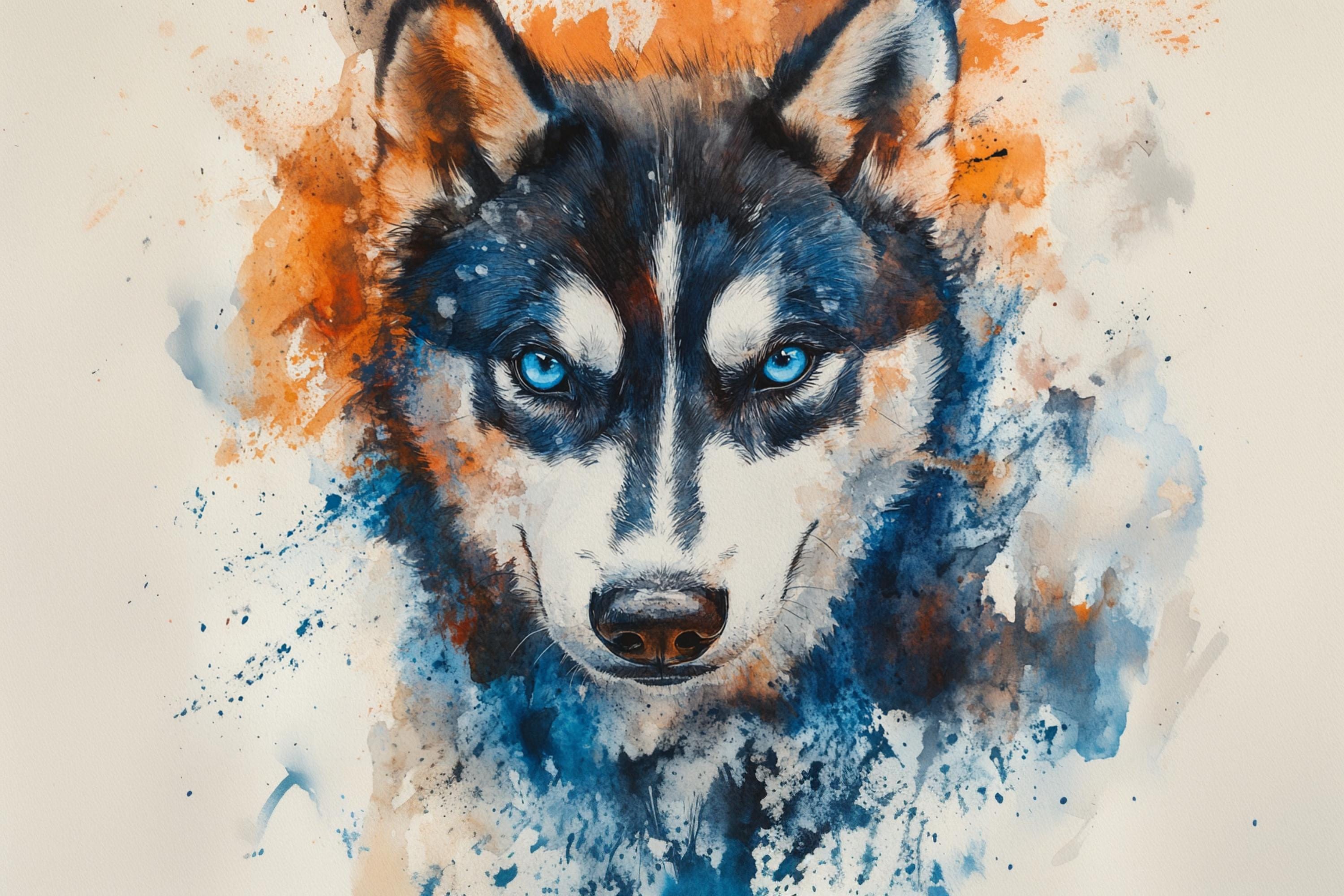 The image is a close-up of a dog's face, with its striking blue eyes and distinctive fur pattern. The background is a vibrant mix of orange and blue splatters, creating a dynamic and energetic atmosphere.