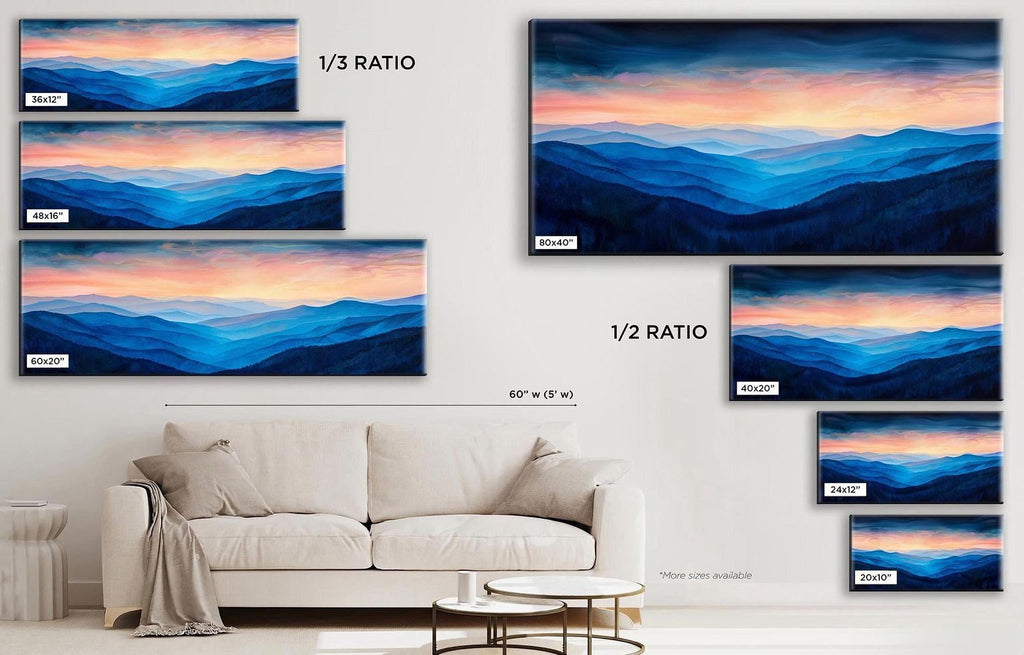 a living room with a couch and paintings on the wall