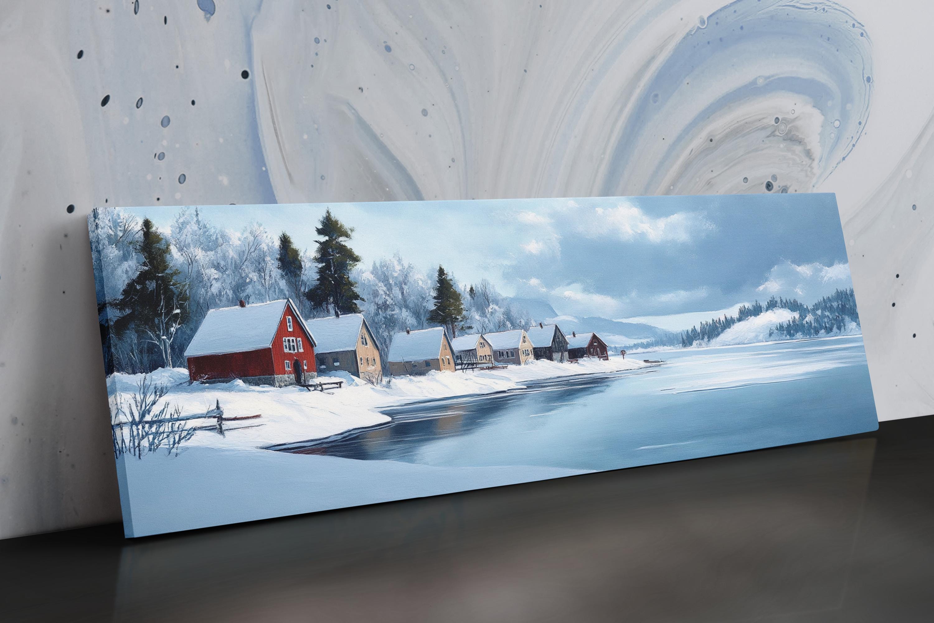a painting of a winter scene with a red house
