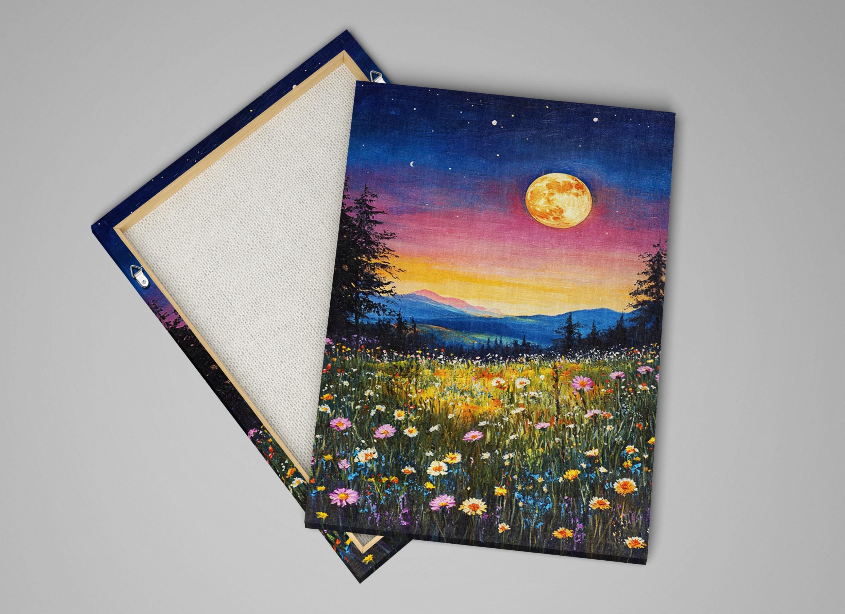 a painting of a field of wildflowers with a full moon in the background