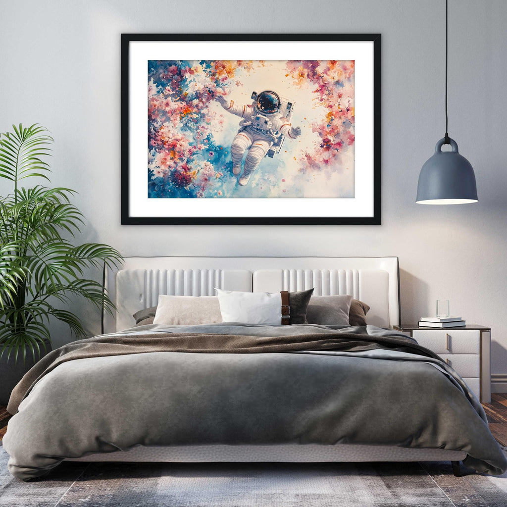 a bedroom with a large bed, a framed painting of an astronaut floating in space, and a potted plant on the left side of the room.